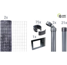 Composants pour une clôture de jardin avec une garantie de dix ans : deux rouleaux de grillage, 75 supports, un tendeur de fil, deux supports de clôture, 21 piquets de clôture
