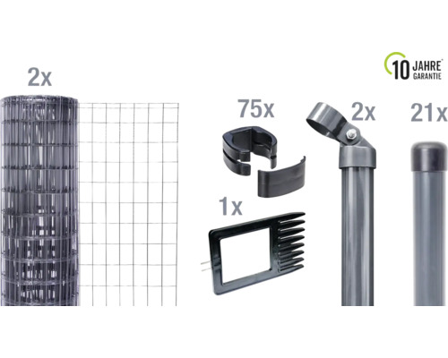 Composants pour une clôture de jardin avec une garantie de dix ans : deux rouleaux de grillage, 75 supports, un tendeur de fil, deux supports de clôture, 21 piquets de clôture