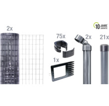 Zaunset bestehend aus Zaunrolle, Zaunstreben, Strebenkappen, Halteklammern, Eckverbindern und Montagehilfe mit zehn Jahre Garantie