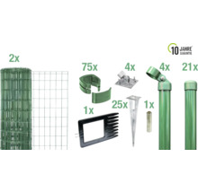 Komplette Zaunanlage mit zwei Rollen Maschendrahtzaun, 75 Zaunklammern, einem Einschlagwerkzeug, 25 Einschlaghülsen, vier Zaunfußplatten, einem Erdbohrer, vier Zaunstreben, vier Zaunstrebenkappen und 21 Zaunpfosten. 10 Jahre Garantie.