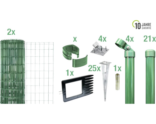 Komplettset für die Zaunmontage mit Maschendrahtzaun, Zaunpfosten und Zubehör sowie 10 Jahre Garantie