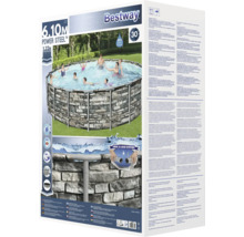 Verpackung eines Bestway Power Steel Aufstellpools mit Steinwandoptik, 6,10 Meter Durchmesser und 1,32 Meter Höhe