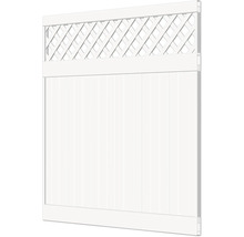 Clôture de jardin blanche avec lattes et éléments décoratifs