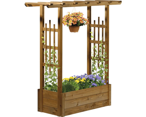 Jardinière surélevée avec support à plantes grimpantes et pot de fleurs suspendu.