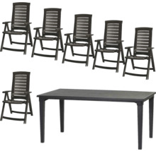 Salon de jardin en plastique composé d une table rectangulaire et de six chaises à dossier haut.