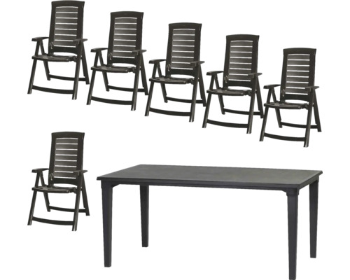 Salon de jardin en plastique composé d une table rectangulaire et de six chaises à dossier haut.