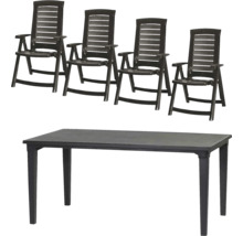 Ensemble de jardin composé de quatre chaises pliantes à dossier haut et d'une table rectangulaire en plastique foncé.