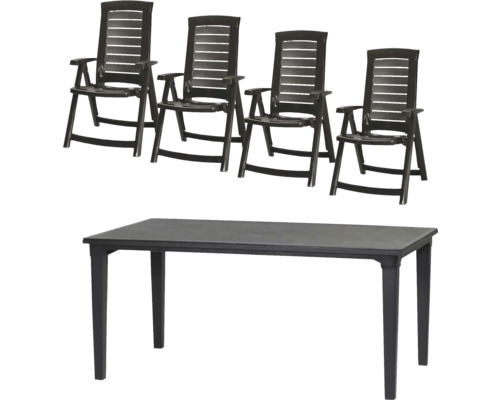 Ensemble de jardin composé de quatre chaises pliantes à dossier haut et d'une table rectangulaire en plastique foncé.