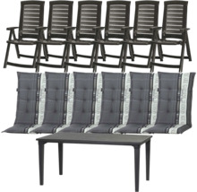 Salon de jardin avec six chaises pliantes noires, six coussins gris à carreaux avec Madison Square Logo et une table rectangulaire en plastique noir.