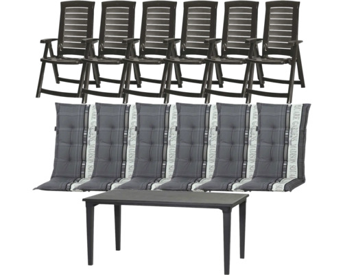 Salon de jardin avec six chaises pliantes noires, six coussins gris à carreaux avec Madison Square Logo et une table rectangulaire en plastique noir.