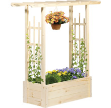Blumenkasten aus Holz mit Rankgitter und Hängetopf mit Blumen