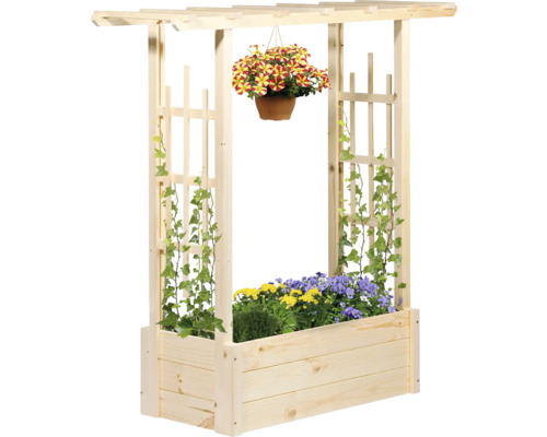 Blumenkasten aus Holz mit Rankgitter und Hängetopf mit Blumen