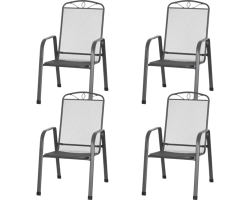 Lot de quatre chaises de jardin en métal avec dossier en maille et accoudoirs.