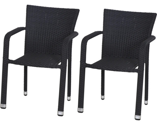 Deux chaises de jardin noires en polyrotin avec accoudoirs.
