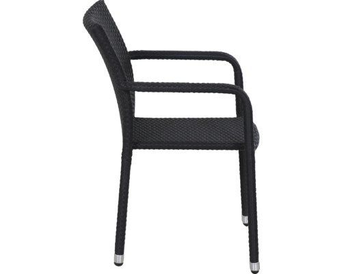 Chaise de jardin avec accoudoirs en résine tressée noire, vue de profil.