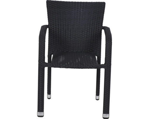 Chaise de jardin noire en rotin synthétique tressé avec accoudoirs et embouts de pieds en métal.