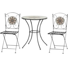 Ensemble bistrot composé d une table ronde et de deux chaises pliantes en métal avec décoration en mosaïque en forme d étoile.