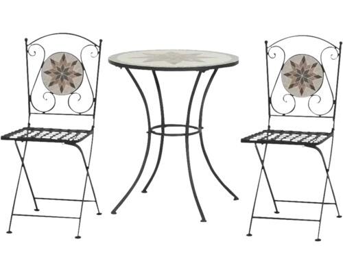 Ensemble bistrot composé d une table ronde et de deux chaises pliantes en métal avec décoration en mosaïque en forme d étoile.