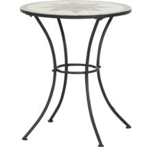 Table de bistrot ronde avec plateau en mosaïque et motif d'étoile, structure en métal noir avec pieds courbés.
