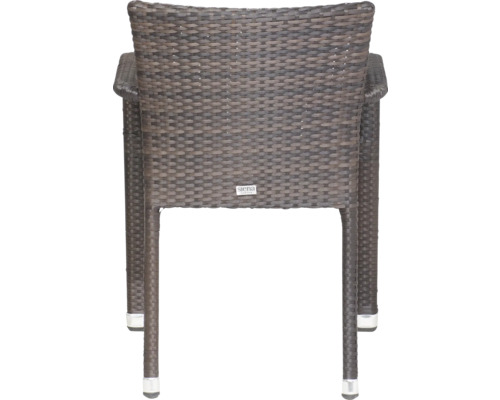 Chaise de jardin Siena Garden en résine tressée marron, vue arrière avec accoudoirs.