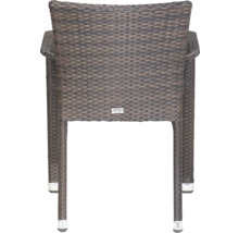 Chaise de jardin marron en résine tressée avec accoudoirs, vue arrière avec Siena Garden Logo.