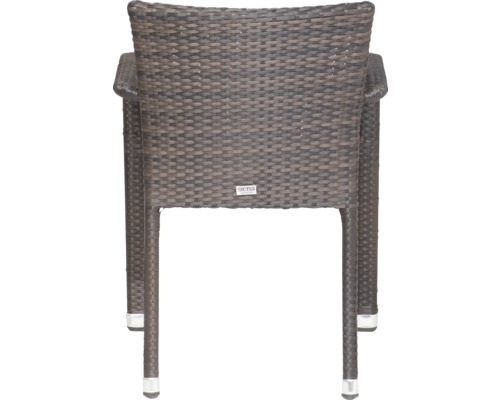 Chaise de jardin marron en résine tressée avec accoudoirs, vue arrière avec Siena Garden Logo.