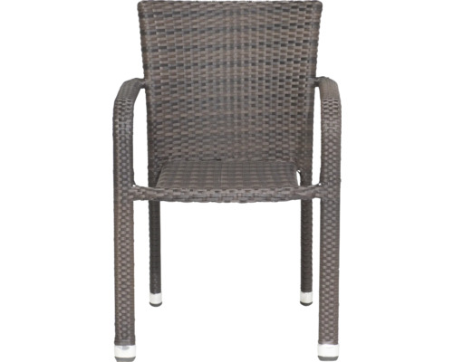 Chaise de jardin empilable en polyrotin tressé avec accoudoirs en marron foncé.