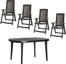 Ensemble de jardin en plastique foncé comprenant 4 chaises pliantes à dossier haut et 1 table ovale.