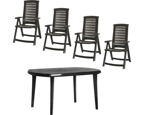 Ensemble de jardin en plastique foncé comprenant 4 chaises pliantes à dossier haut et 1 table ovale.