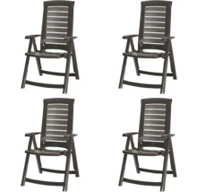 Vier Garten-Klappsessel aus Kunststoff in Anthrazit mit hoher Rückenlehne und Armlehnen.