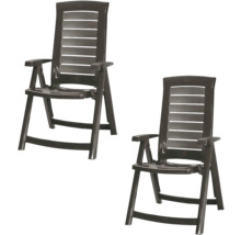 Deux fauteuils de jardin pliants en plastique marron foncé avec dossier haut et accoudoirs.