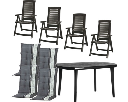 Ensemble de mobilier de jardin en plastique composé de quatre chaises pliantes, d'une table ovale et de quatre coussins à carreaux.