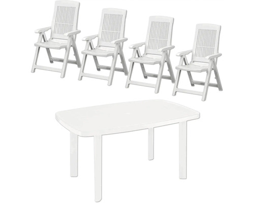 Ensemble de mobilier de jardin en plastique comprenant une table rectangulaire et quatre fauteuils pliants avec accoudoirs.