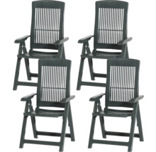 Ensemble de quatre chaises de jardin pliables en plastique avec dossiers hauts et accoudoirs.