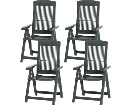 Ensemble de quatre chaises de jardin pliables en plastique avec dossiers hauts et accoudoirs.