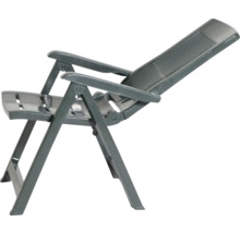 Chaise de jardin pliante en plastique anthracite avec dossier haut et accoudoirs.