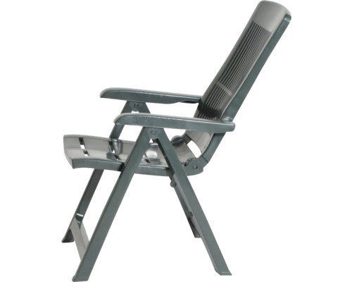 Fauteuil de jardin pliant et réglable en plastique avec accoudoirs et dossier haut.