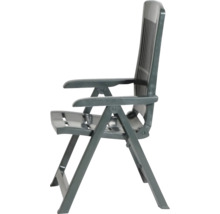 Chaise de jardin pliante en plastique vert foncé avec accoudoirs et dossier haut.