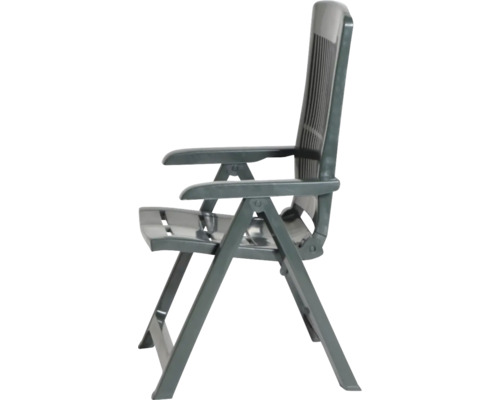Chaise de jardin pliante en plastique vert foncé avec accoudoirs et dossier haut.