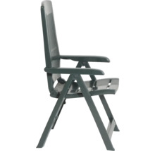 Chaise de jardin pliante en plastique avec dossier haut et accoudoirs en vert foncé.