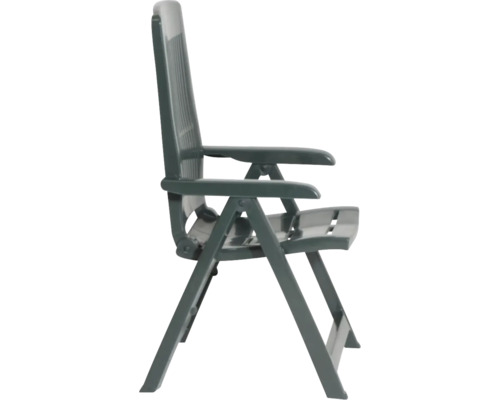 Chaise de jardin pliante en plastique avec dossier haut et accoudoirs en vert foncé.