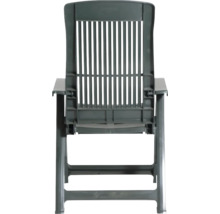 Chaise de jardin grise réglable en plastique avec dossier haut et accoudoirs.