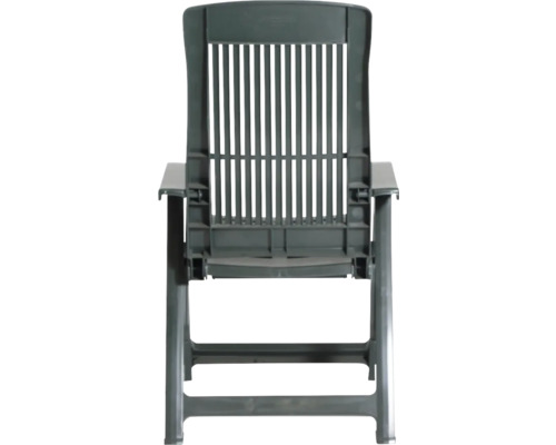 Chaise de jardin grise réglable en plastique avec dossier haut et accoudoirs.