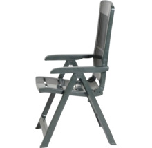 Chaise de jardin pliante en plastique vert foncé avec dossier haut et accoudoirs.