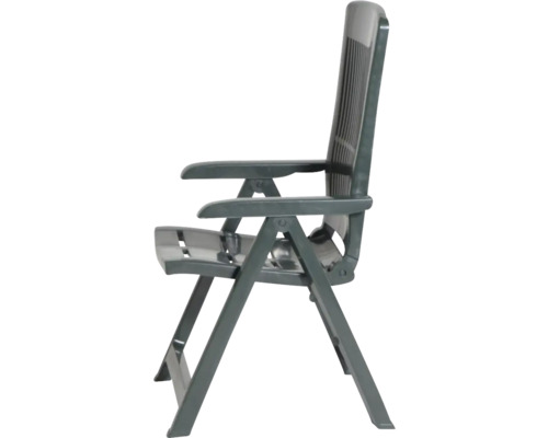 Chaise de jardin pliante en plastique vert foncé avec dossier haut et accoudoirs.