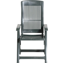 Fauteuil de jardin réglable en plastique vert foncé avec dossier haut et accoudoirs.