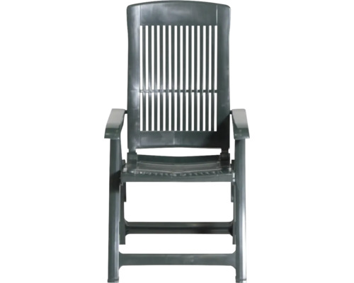 Fauteuil de jardin réglable en plastique vert foncé avec dossier haut et accoudoirs.