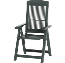 Chaise de jardin pliante en plastique avec dossier haut et accoudoirs en vert foncé.