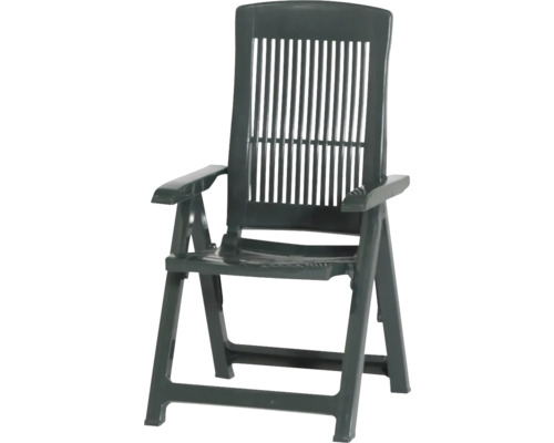 Chaise de jardin pliante en plastique avec dossier haut et accoudoirs en vert foncé.
