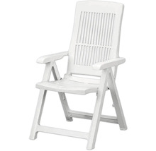 Fauteuil de jardin pliant en plastique blanc avec dossier haut et accoudoirs.